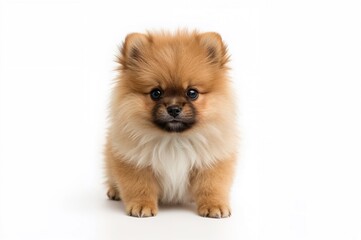 Obraz premium Adorable small Pomeranian dog against a plain white backdrop