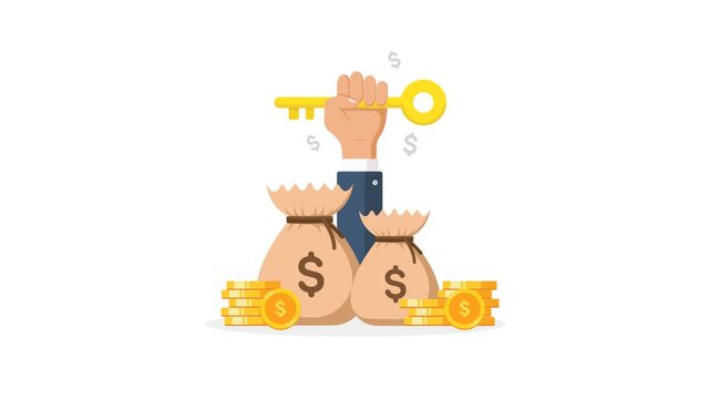 4K animation of a hand holding a golden key over a bag filled with money and gold coins, symbolizing success in investment or business opportunities.