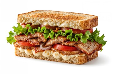 Triple-layer sandwich featuring grilled pork strips, fresh veggies, pickles, and mayo on sliced bread