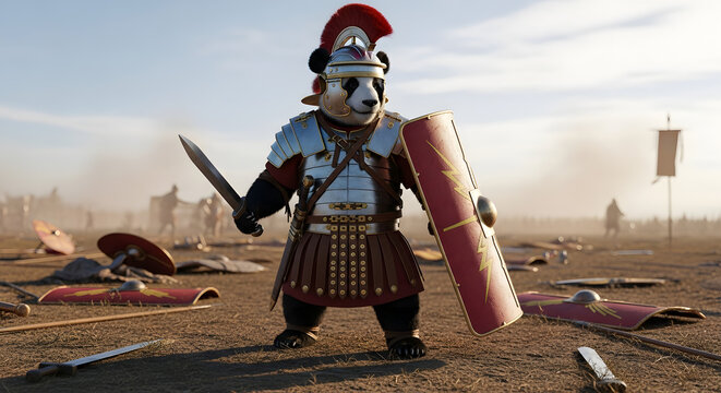An anthropomorphic panda bear in ancient Roman legionary armor stands triumphantly on a desolate battlefield
