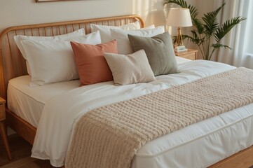 Fototapeta premium Cozy mattress decorated with plush vibrant cushions