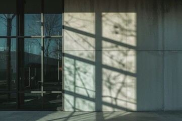 Sunlight casting shadows on glass panels with geometric designs on a concrete facade of a contemporary structure, minimalist urban architectural backdrop