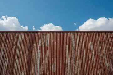 Industrial Warehouse Wall Made of Corrugated Steel Under a Clear Blue Sky with Light and Shadow Effects