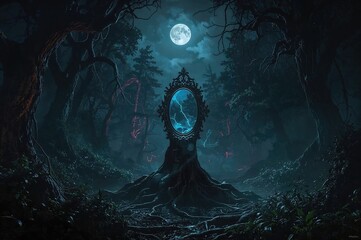 Enchanted woods with a mystical mirror under moonlight, shrouded in smoke and neon haze at night.