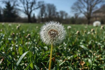 Naklejka premium Close-up of a white dandelion flower in a lush green garden during spring growth