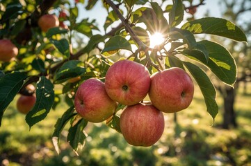 Obraz premium Bunches of mature red apples speckled with marks dangle from tree limbs in a bright orchard, highlighting the charm of the late summer picking period.