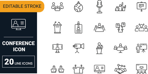 Conference vector icon set collection with business meeting, seminar, discussion, speaker, presentation and professional event