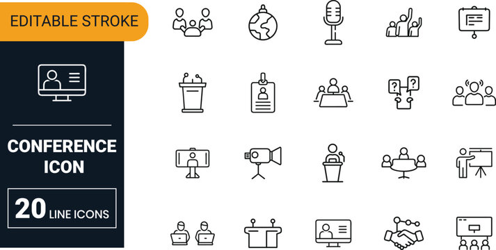 Conference vector icon set collection with business meeting, seminar, discussion, speaker, presentation and professional event