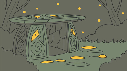 Ancient Stone Structure in a Mystical Forest at Dusk