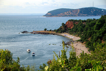 Hill view of the seagull beach (marti koyu) in Burgazada island in istanbul in the summer, marmara sea