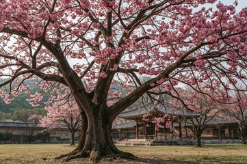 Fototapeta premium Twin cherry blossom trees in a serene garden setting
