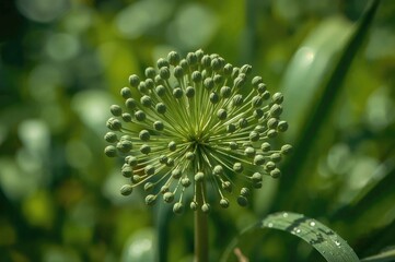 Detailed view of a partially blooming allium plant showing numerous buds against a soft green backdrop
