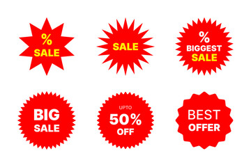 Round sun burst effect sale red color badge with bold text on white background