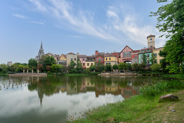 Fototapeta premium The European town by the lake