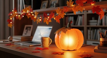 Cozy autumn workspace with pumpkin lamp and laptop for fall vibes
