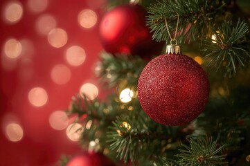 Fototapeta premium Detailed view of a holiday tree adorned with crimson ornaments and blurred lights behind it.