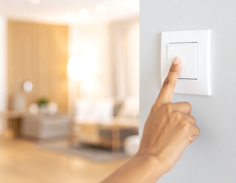 A hand turning a light switch in a modern home
