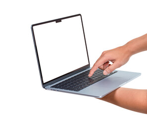 Hands using modern laptop with customizable blank screen. Isolated on transparent PNG. Concept for technology, business, finance and advertising.


