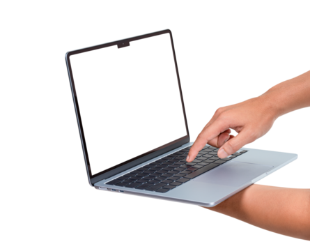 Hands using modern laptop with customizable blank screen. Isolated on transparent PNG. Concept for technology, business, finance and advertising.
- Powered by Adobe
