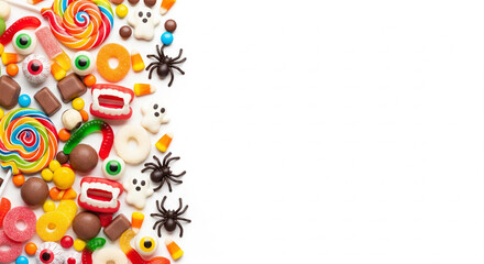 Fototapeta premium Vibrant Halloween candy and spooky decorations scattered on a pristine white background, offering ample copy space for festive messages or design elements