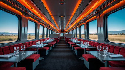 Elegant Dining Car Interior with Scenic Views