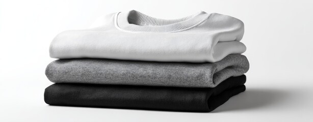 Stack of folded t-shirts in white, gray, and black