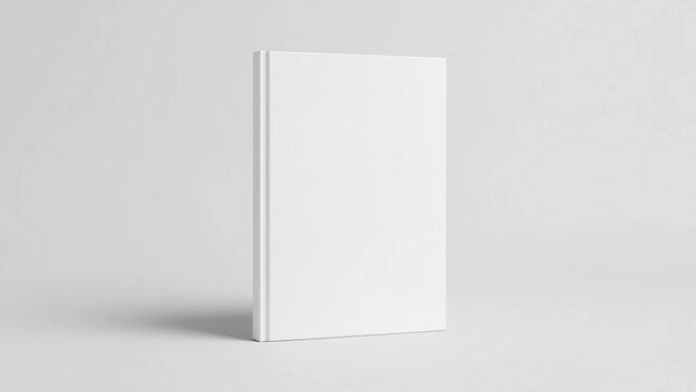white hardcover book standing upright, clean light gray background, clear edge shadows for depth, minimal soft lighting, high-quality print mockup design