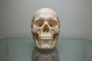 Fototapeta premium Detailed view of a clear surface displaying a mannequin skull used in facial surgery and dental procedures.