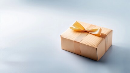 Pale peach rectangular gift box with matching satin ribbon bow on light gray background perfect for presents and special occasions wrapping design