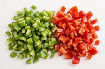 Chopped red and green bell peppers on a plain surface