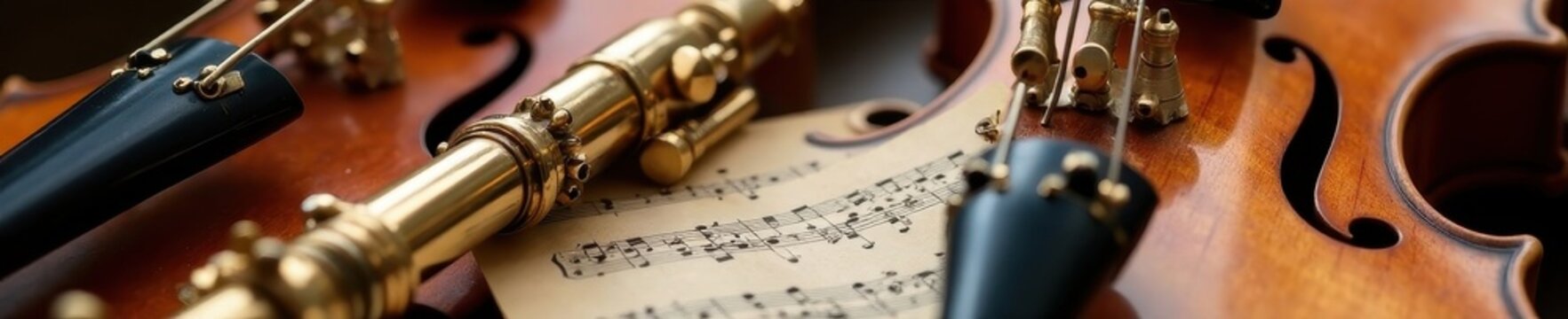 Close-up of classical score atop polished string and woodwind instruments , instrument, woodwind quintet