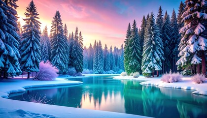 Fototapeta premium Winter Sunrise over Snowy Forest and Frozen Lake.