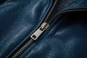 Detailed view of zipper on a blue leather coat. Concept of fixing leather apparel