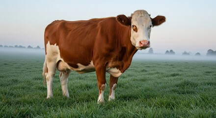 Red and White Cow in Misty Morning Pasture