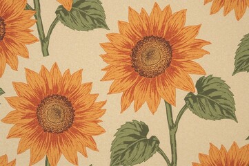 Detailed view of vintage floral wallpaper featuring orange sunflower motifs and a textured finish