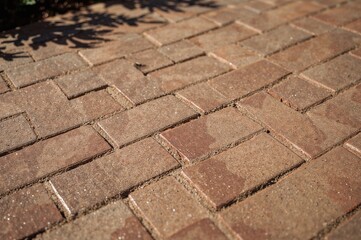 Detailed view of brickwork featuring a herringbone layout with visible sand