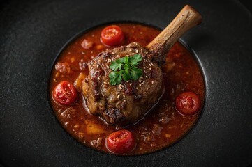 Savory slow-cooked veal shank with creamy marrow, ideal for an elegant dining experience. Dark backdrop. Overhead shot.