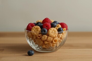 Cornflakes and berries served on a table