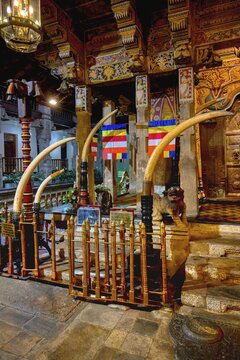 Temple of the sacred Tooth Relic or Sri Dalada Maligawa, Holy Shrine decorated with elephant tusks, Kandy, Sri Lanka