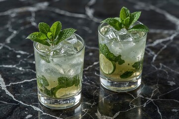 Two mojito cocktails photographed up close on a smooth marble surface