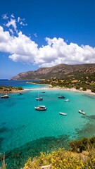 Picturesque bay with boats, vibrant turquoise water, and hills