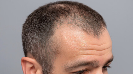 Obraz premium Close up side view of man scalp showing thinning hair and balding with visible scalp and natural skin texture under soft lighting