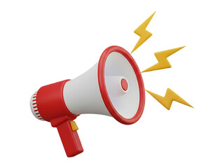 Red and white megaphone announcing with yellow lightning bolts representing loud sound and energy transparent background
