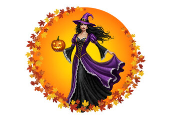 Mysterious witch with jack-o'-lantern and autumn leaves festive halloween celebration artwork transparent background