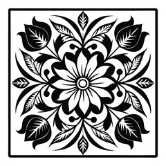 Fototapeta premium Floral Square Design with Central Flower, Buds, and Leaves in Black and White