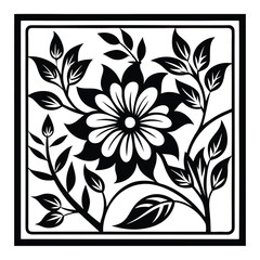 Ornate Framed Floral Design with Leaves and Petals in Black and White Pattern