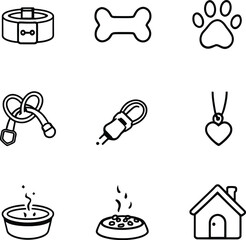 Pet care icon grid in monochrome featuring collars, bones, paw prints, leashes, bowls, and shelters for a clean, modern visual set