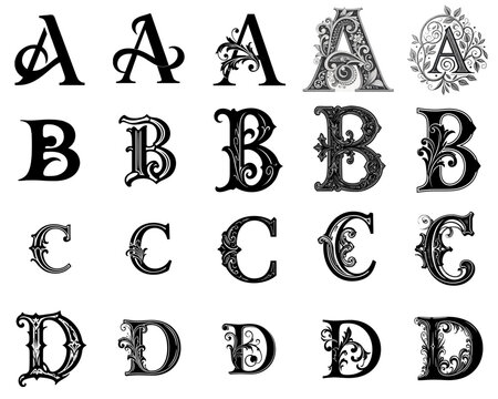 Vector set. Pencil drawings of decorative letters of the alphabet with ornaments are examples of artistic calligraphy and illuminated initials.