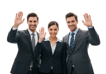 Group of business people waving hands and smiling isolated on white or transparent background