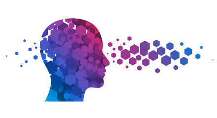 Abstract Human Head Silhouette with Digital Hexagon Patterns Representing AI, Data, and Information Flow
